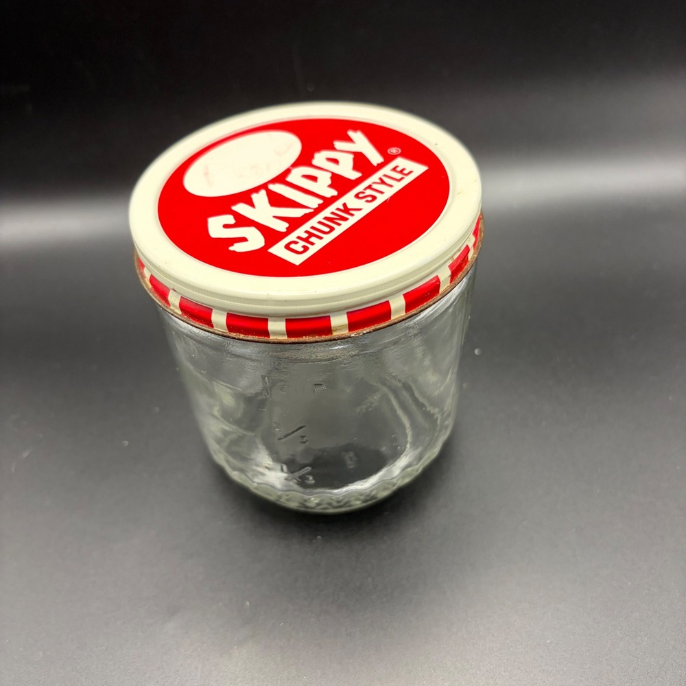 Vintage Skippy Peanut Butter Glass Jar with Red Chunk Style Metal Lid